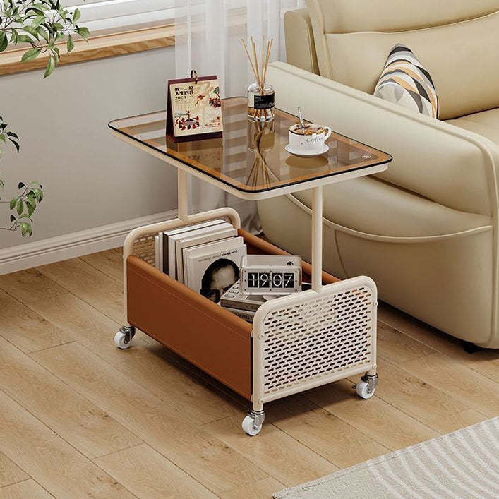 Nordic Steel Leather Glass 4-Wheel Side Table