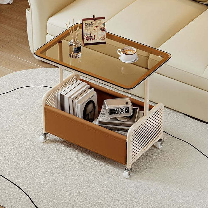 Nordic Steel Leather Glass 4-Wheel Side Table