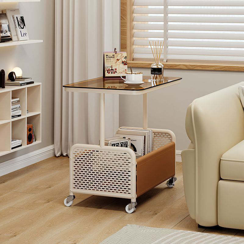 Nordic Steel Leather Glass 4-Wheel Side Table