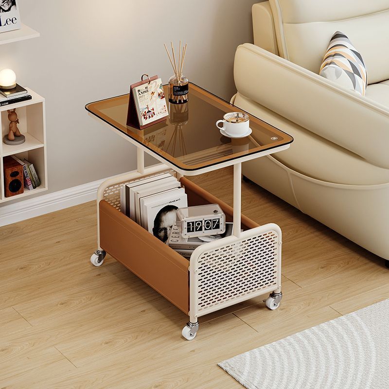 Nordic Steel Leather Glass 4-Wheel Side Table