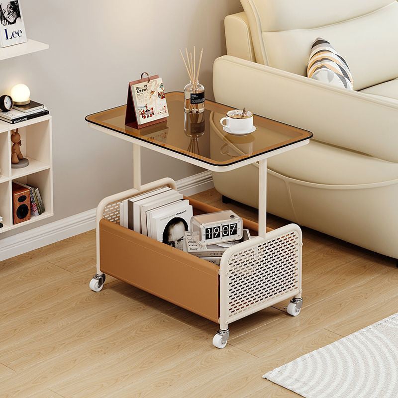 Nordic Steel Leather Glass 4-Wheel Side Table — Brown