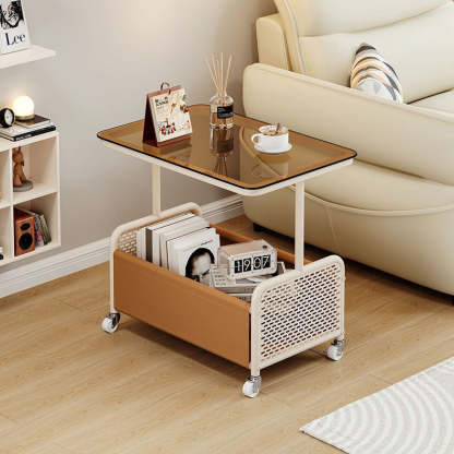 Nordic Steel Leather Glass 4-Wheel Side Table — Brown