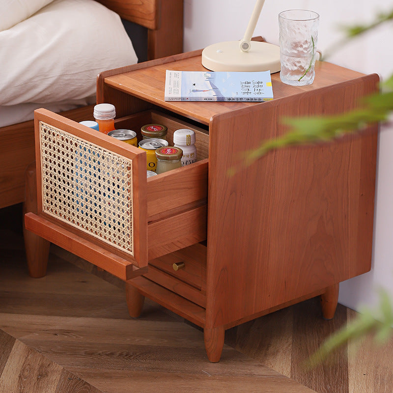 Rustic Cherry Wood Rattan 2-Drawer Nightstand