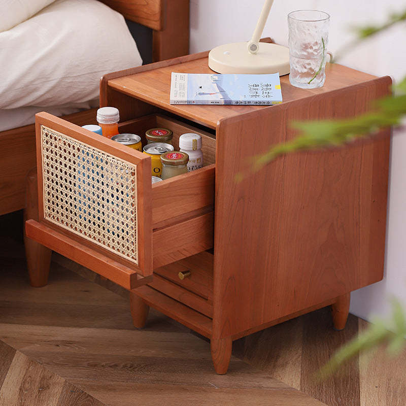 Rustic Cherry Wood Rattan 2-Drawer Nightstand
