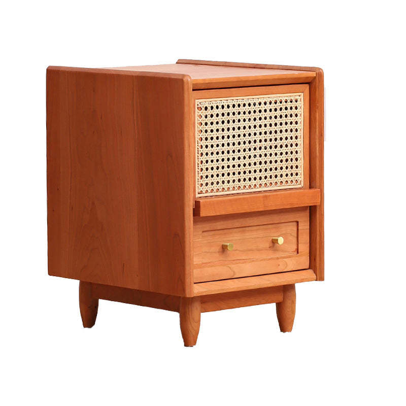 Rustic Cherry Wood Rattan 2-Drawer Nightstand