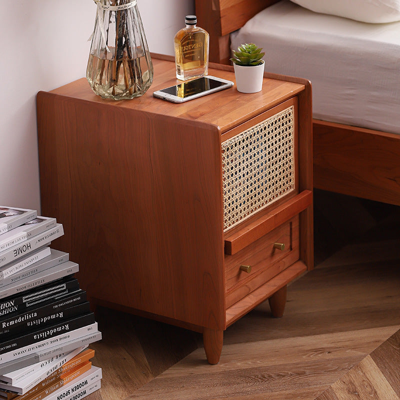 Wood rattan wood glass cherry 2-drawer nightstands - traditional