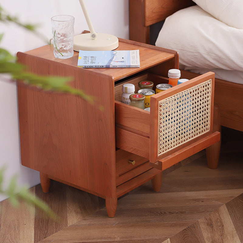Rustic Cherry Wood Rattan 2-Drawer Nightstand