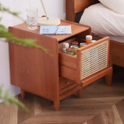 Rustic Cherry Wood Rattan 2-Drawer Nightstand