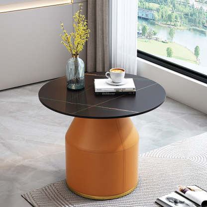 Nordic Sintered Stone Leather Wood Coffee Table — White / Black