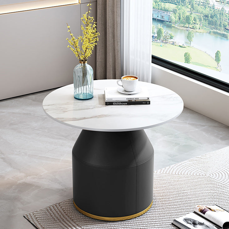 Nordic Sintered Stone Leather Wood Coffee Table — White / Gray
