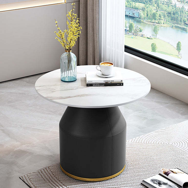 Nordic Sintered Stone Leather Wood Coffee Table — White / Gray