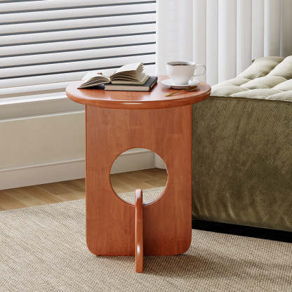 Nordic Round Oak Solid Wood Side Table — Walnut Color