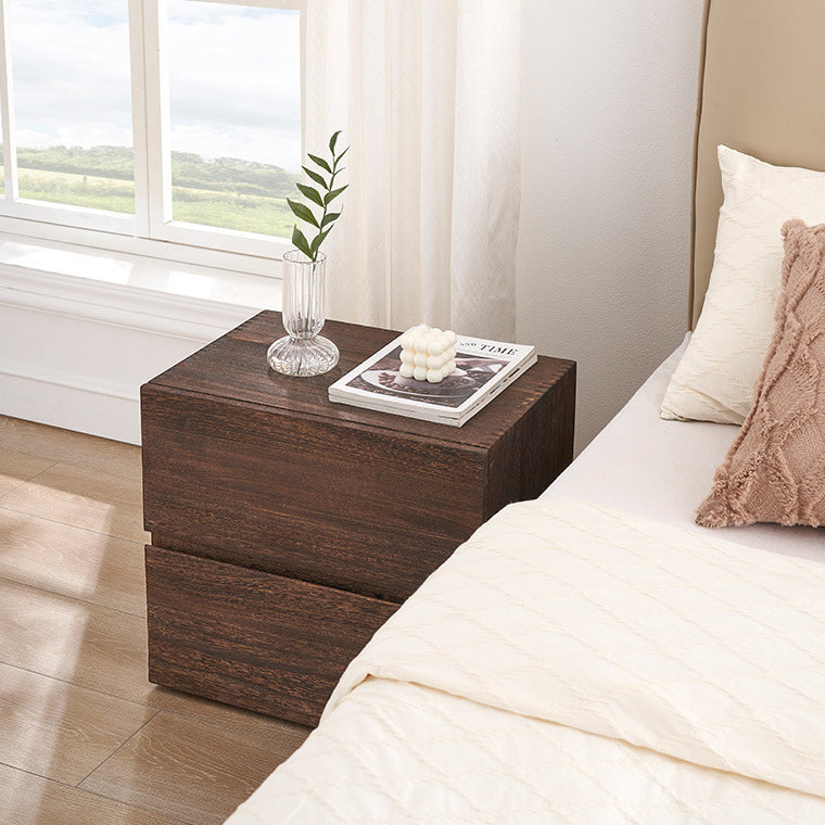 Retro Paulownia Wood Nightstand 2-Drawer
