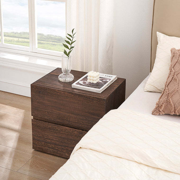 Retro Paulownia Wood Nightstand 2-Drawer