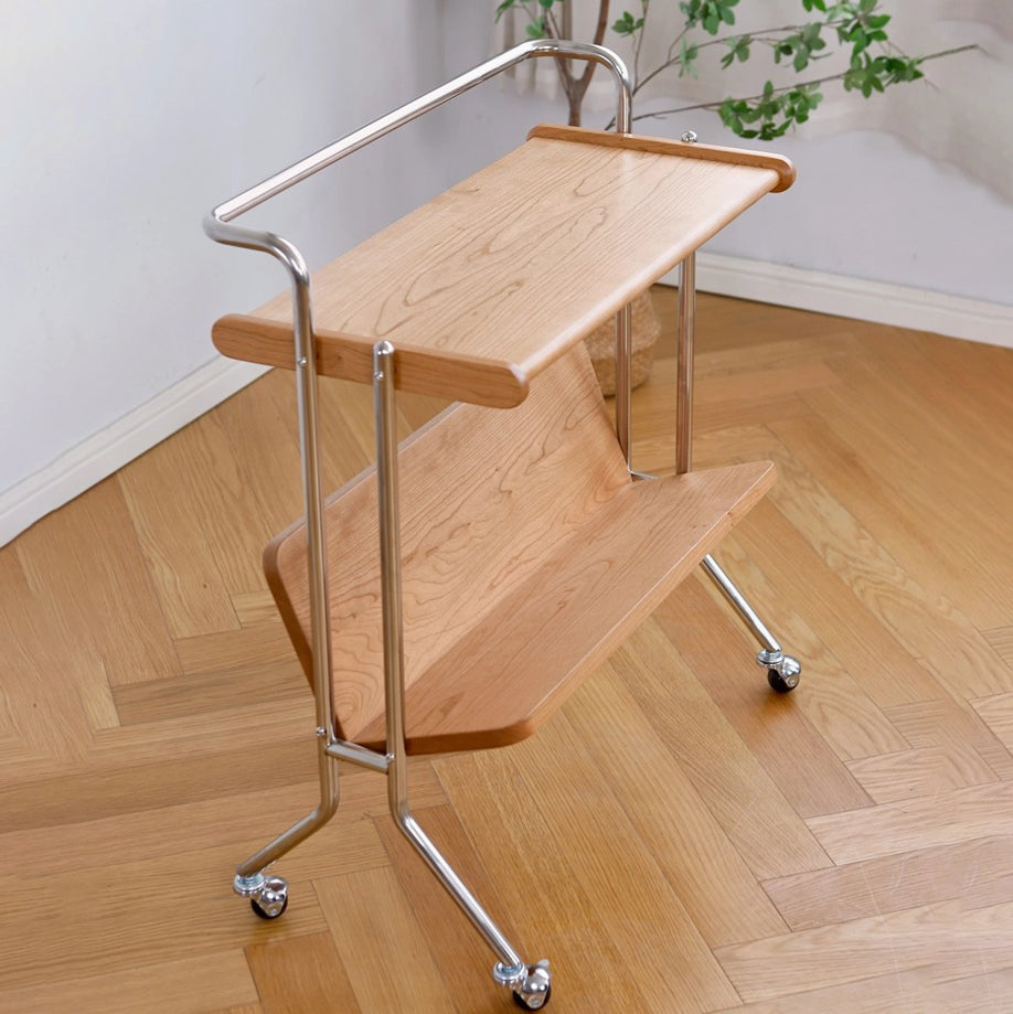 Modern Cherry Wood Stainless Steel Side Table 2-Tier