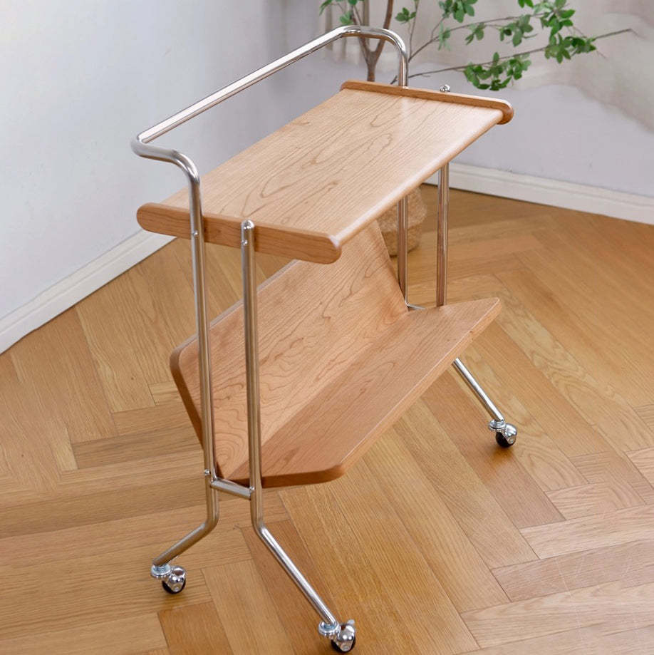 Modern Cherry Wood Stainless Steel Side Table 2-Tier
