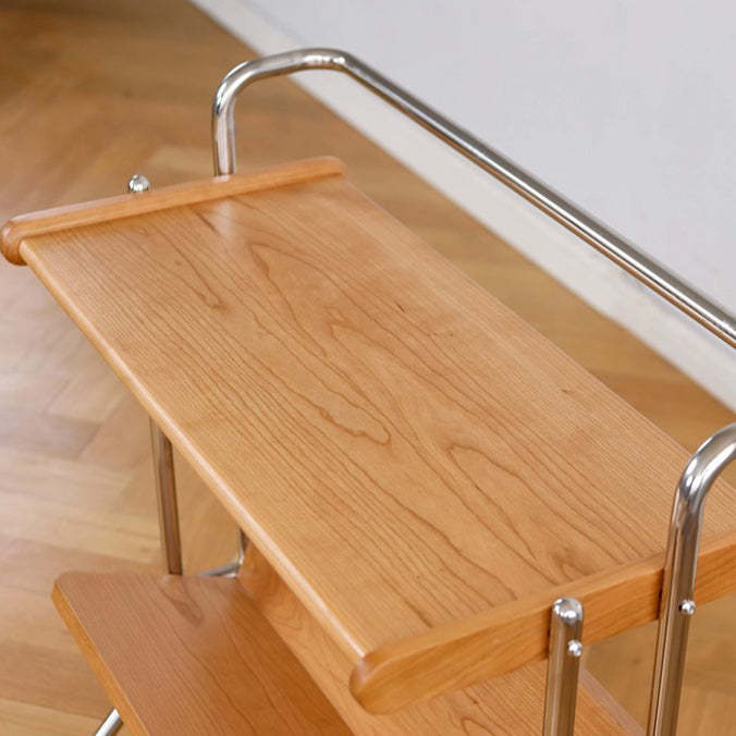 Modern Cherry Wood Stainless Steel Side Table 2-Tier