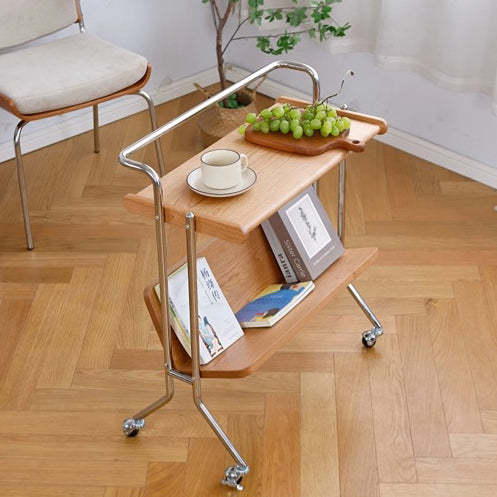 Modern Cherry Wood Stainless Steel Side Table 2-Tier