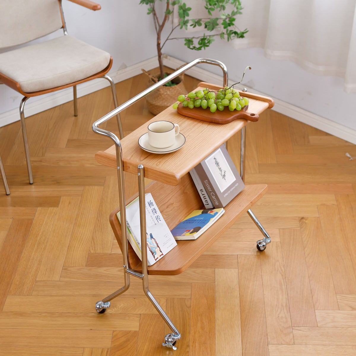 Modern Cherry Wood Stainless Steel Side Table 2-Tier — Wood Color