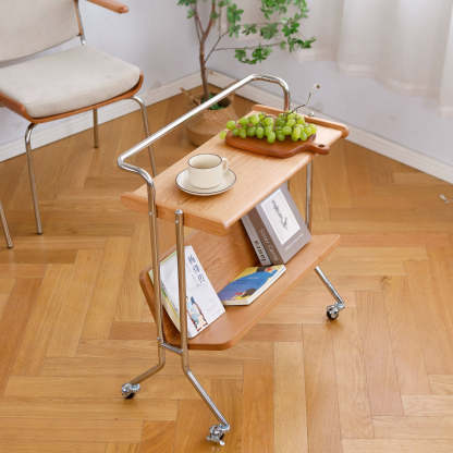 Modern Cherry Wood Stainless Steel Side Table 2-Tier — Wood Color