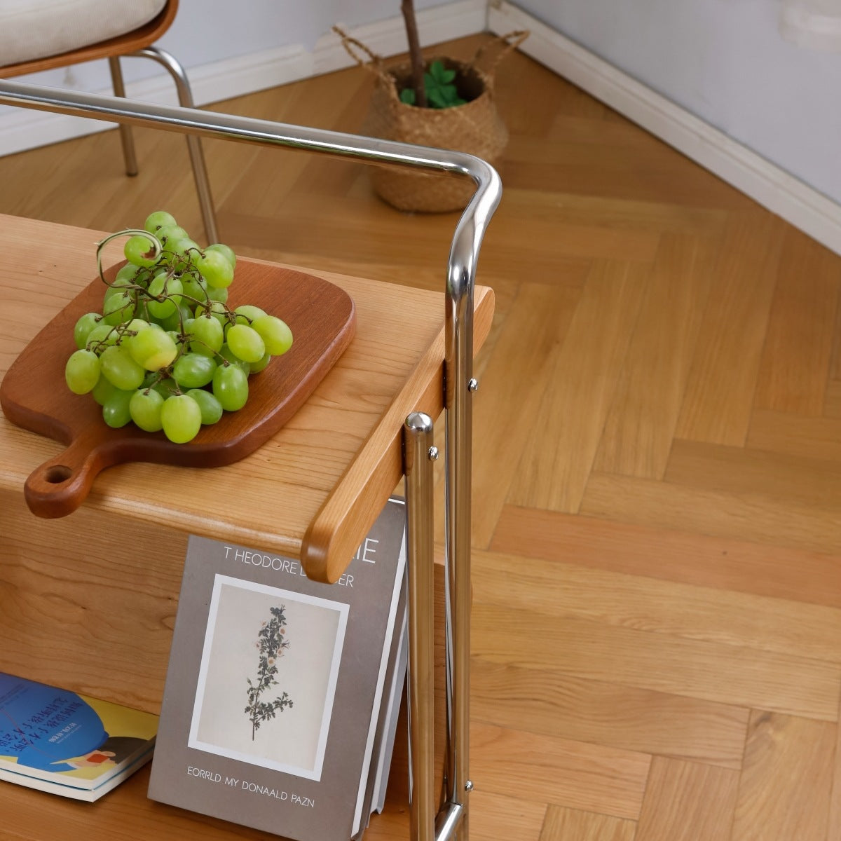 Modern Cherry Wood Stainless Steel Side Table 2-Tier