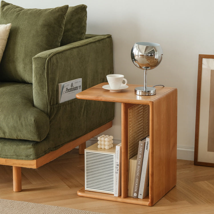 Nordic Cherry Wood Rattan 2-Tier Side Table