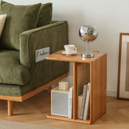 Nordic Cherry Wood Rattan 2-Tier Side Table — Cherry Wood Color