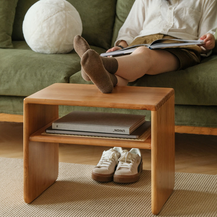 Nordic Cherry Wood Rattan 2-Tier Side Table