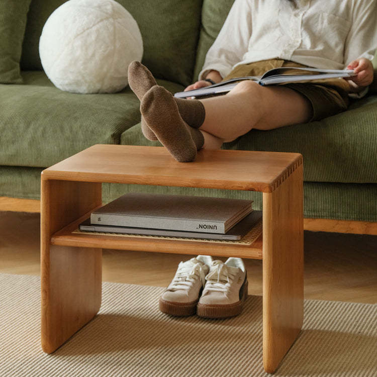 Nordic Cherry Wood Rattan 2-Tier Side Table