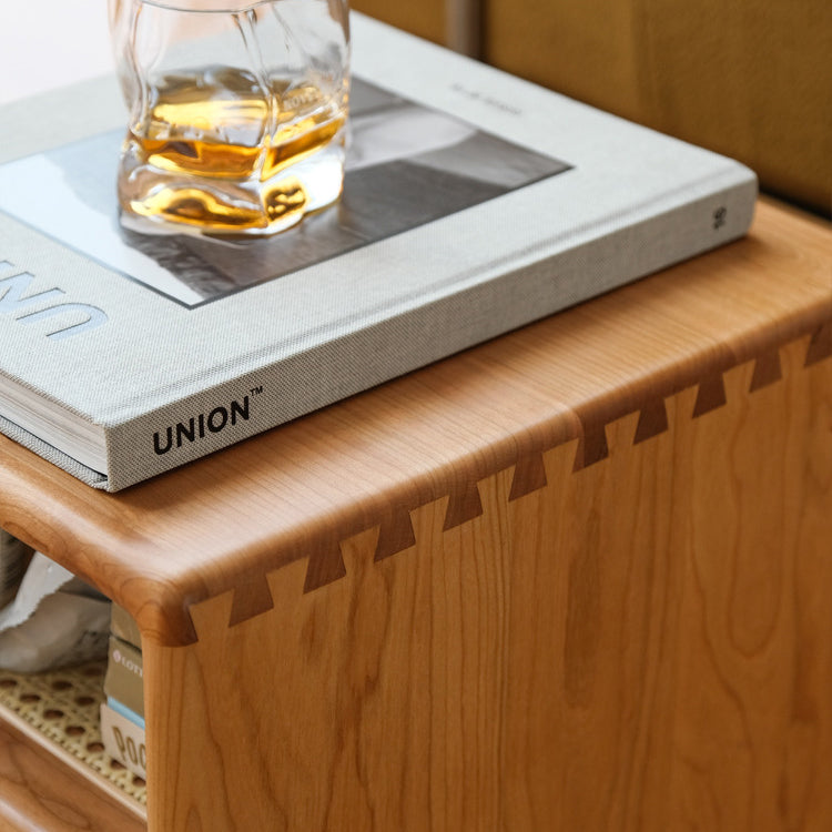 Nordic Cherry Wood Rattan 2-Tier Side Table