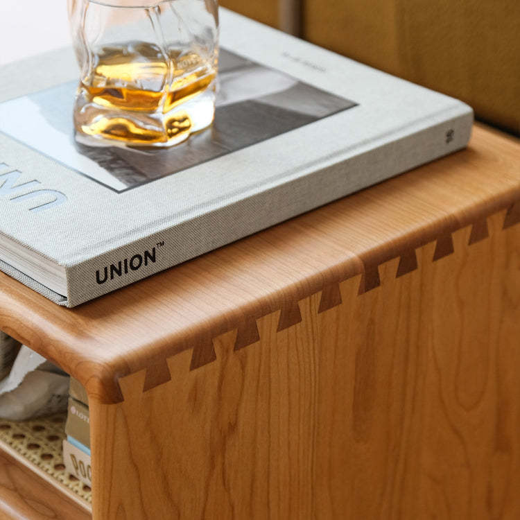 Nordic Cherry Wood Rattan 2-Tier Side Table