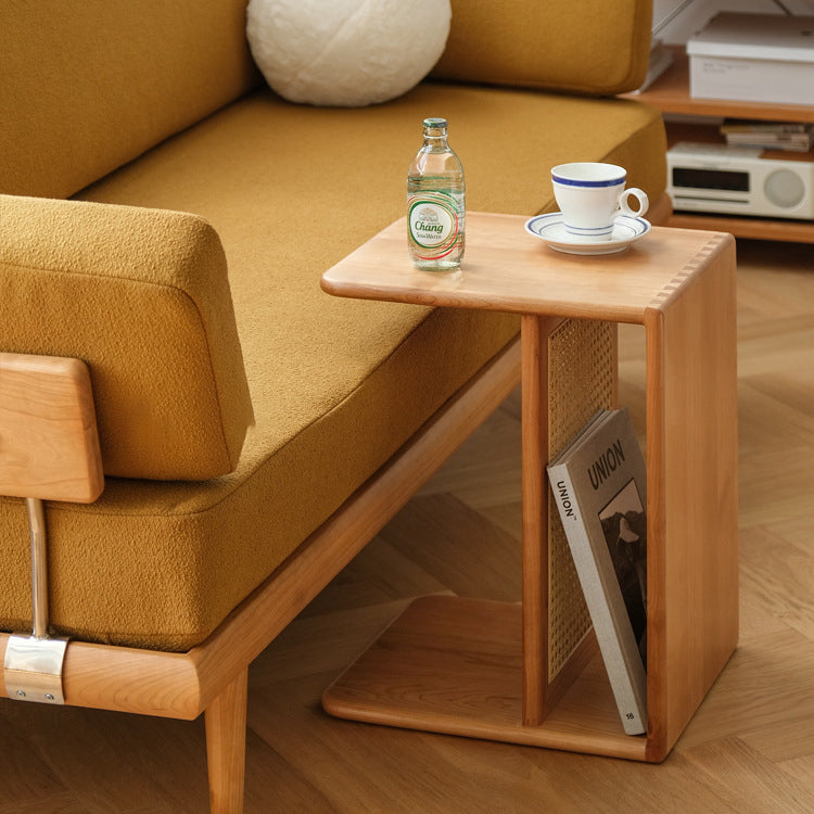 Nordic Cherry Wood Rattan 2-Tier Side Table