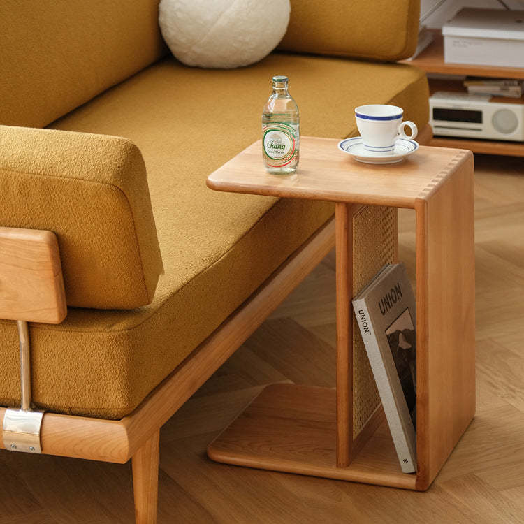 Nordic Cherry Wood Rattan 2-Tier Side Table