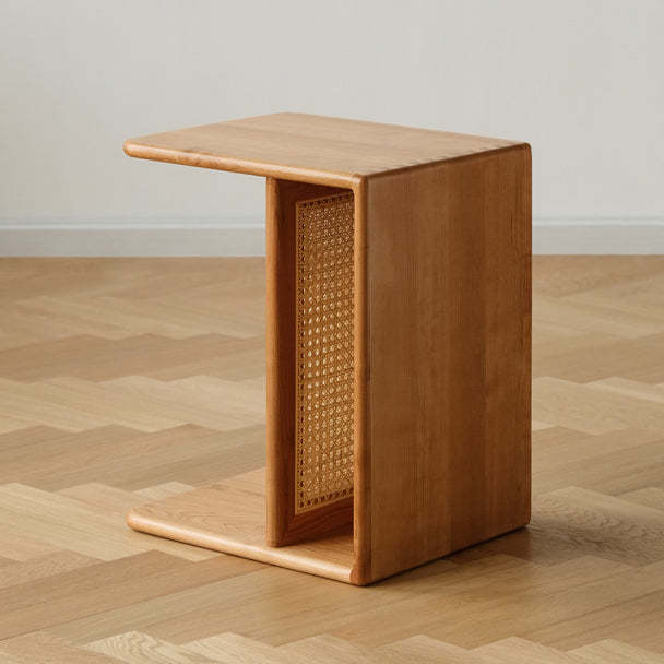 Nordic Cherry Wood Rattan 2-Tier Side Table