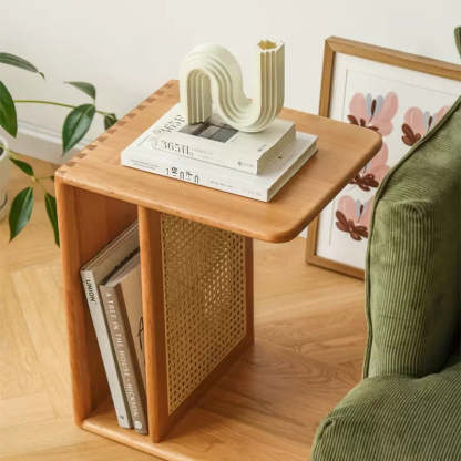 Nordic Cherry Wood Rattan 2-Tier Side Table
