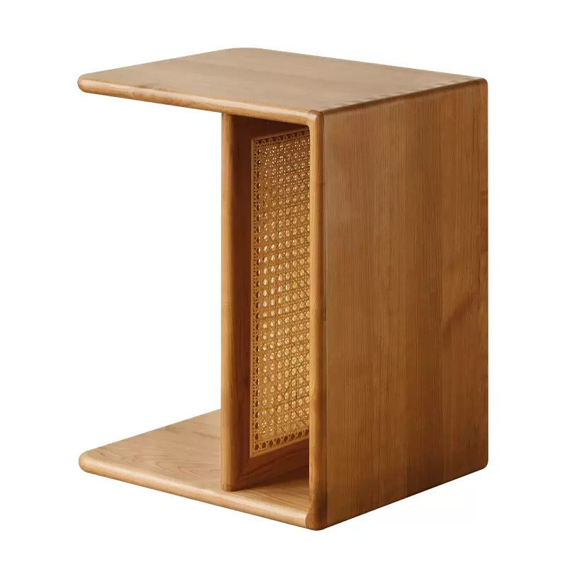 Nordic Cherry Wood Rattan 2-Tier Side Table