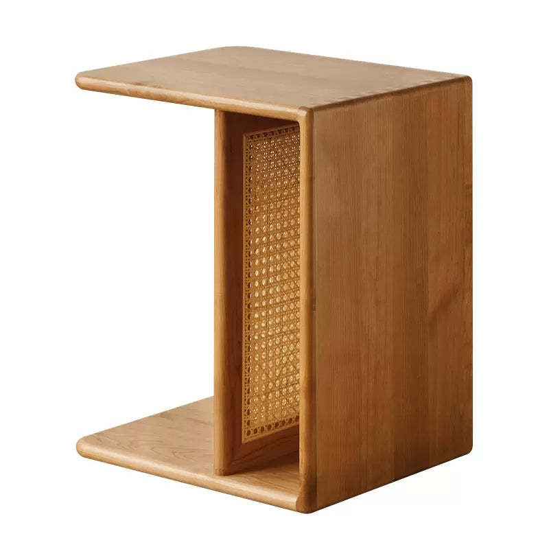 Nordic Cherry Wood Rattan 2-Tier Side Table