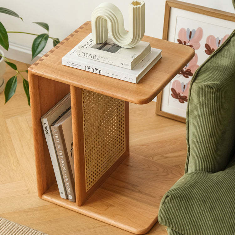 Nordic Cherry Wood Rattan 2-Tier Side Table
