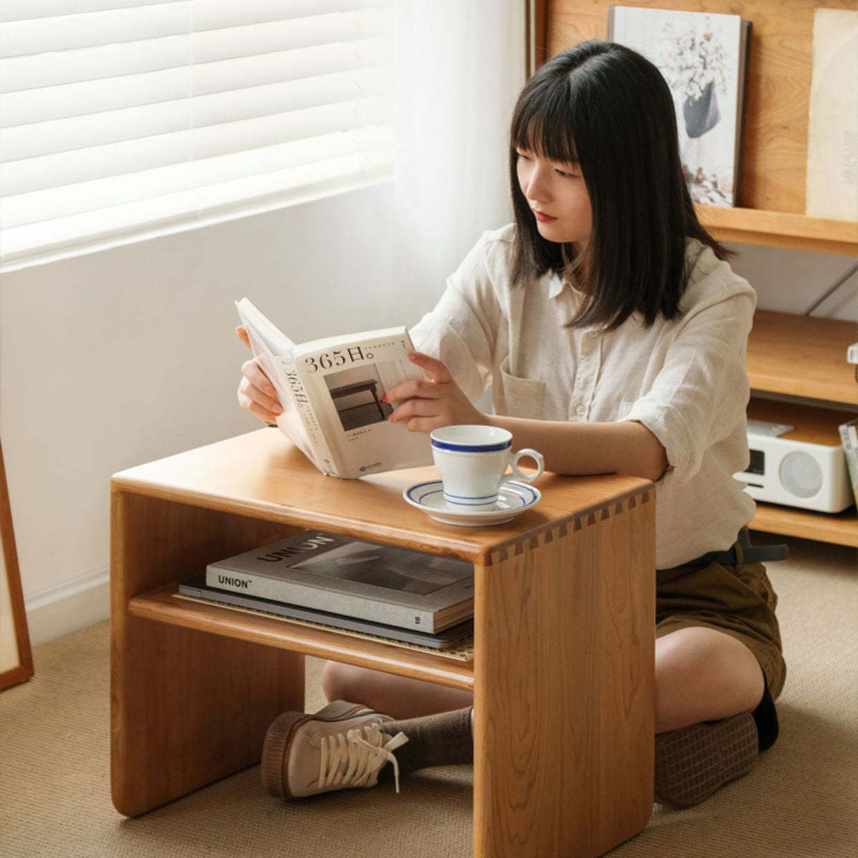 Nordic Cherry Wood Rattan 2-Tier Side Table