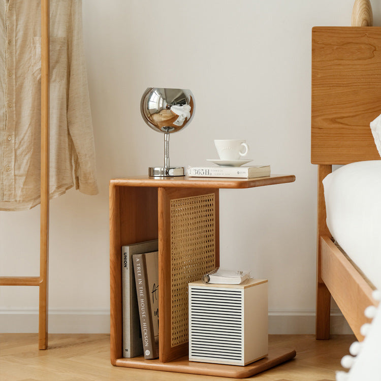 Nordic Cherry Wood Rattan 2-Tier Side Table