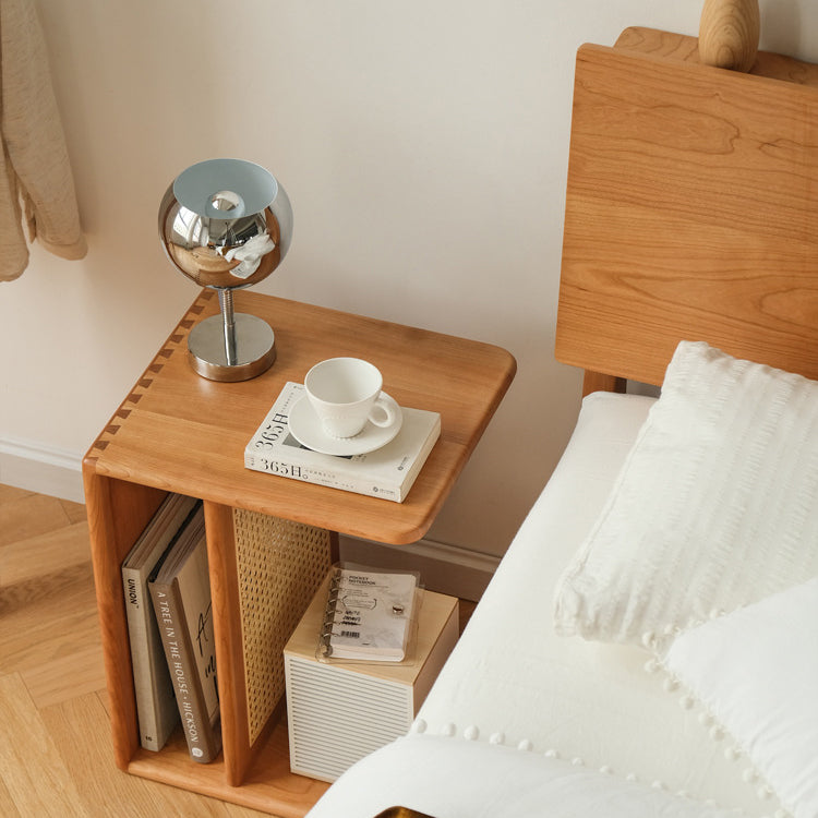 Nordic Cherry Wood Rattan 2-Tier Side Table