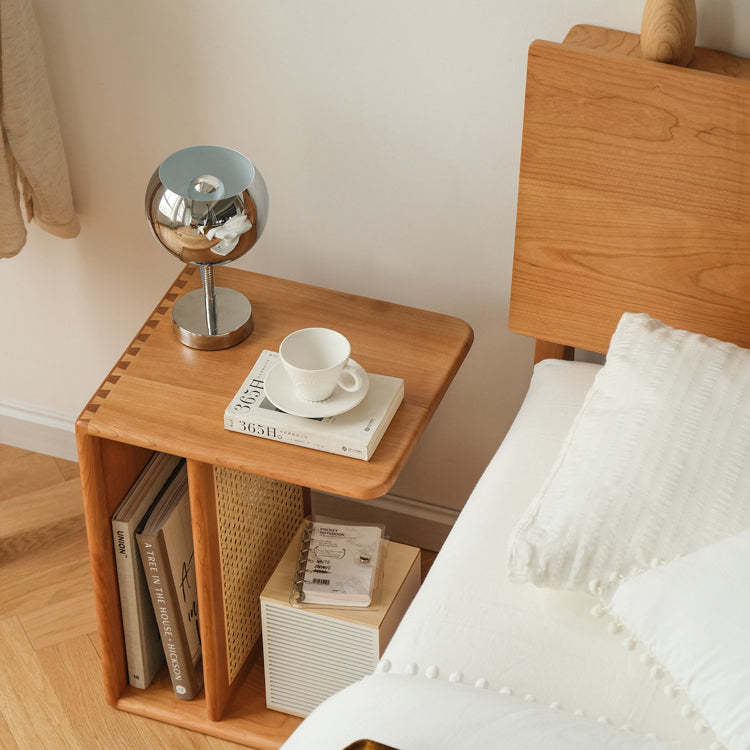 Nordic Cherry Wood Rattan 2-Tier Side Table