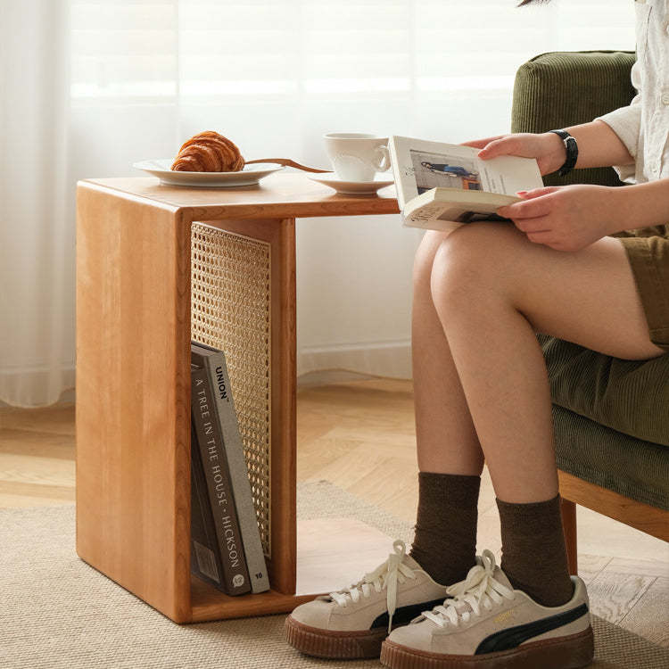 Nordic Cherry Wood Rattan 2-Tier Side Table