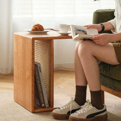 Nordic Cherry Wood Rattan 2-Tier Side Table