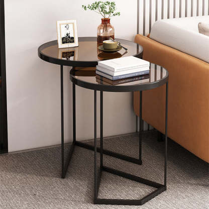 Nordic Round Iron Glass Side Table — Transparent Brown Glass - Black Frame