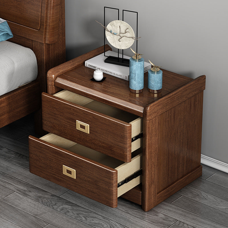 Chinese Brass Walnut Nightstand 2-Drawer