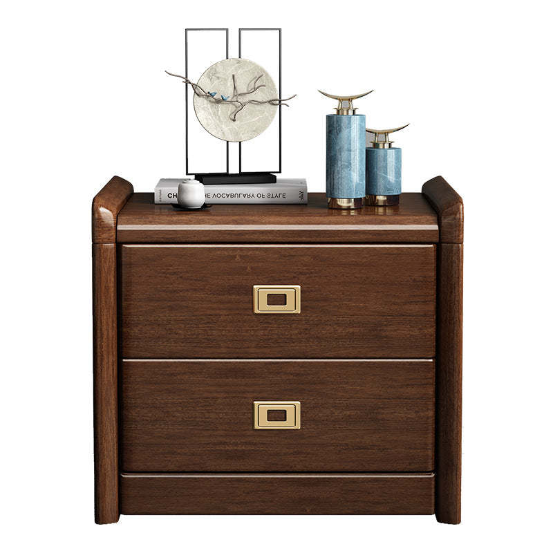 Chinese Brass Walnut Nightstand 2-Drawer