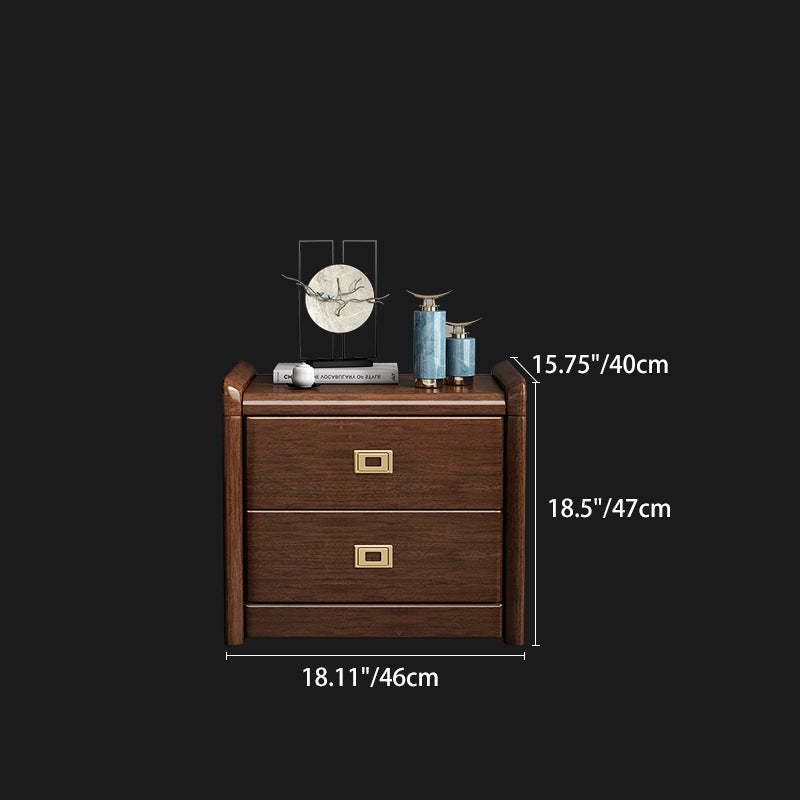 Chinese Brass Walnut Nightstand 2-Drawer