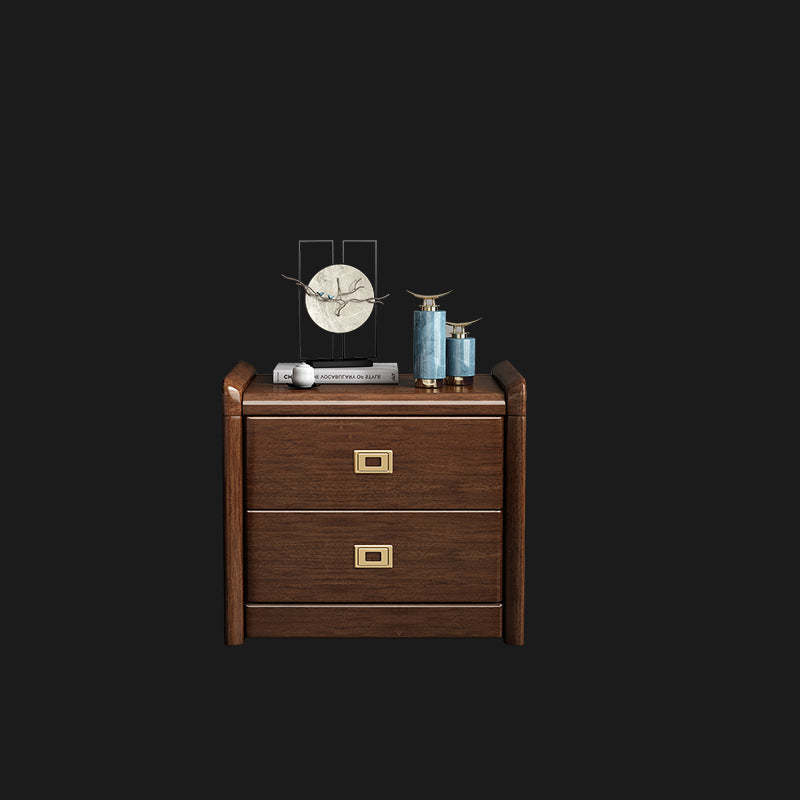Chinese Brass Walnut Nightstand 2-Drawer