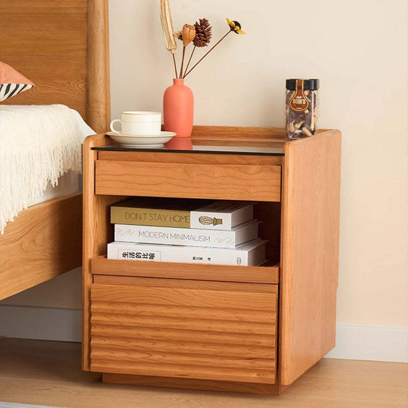 Japanese Cherry Wood Glass Nightstand 2-Drawer